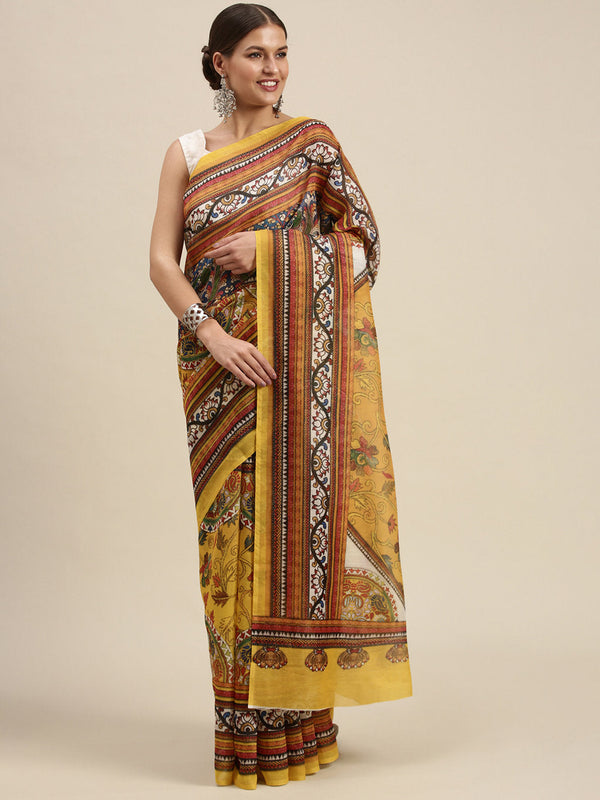 Women's Yellow Cotton Blend Printed Traditional Saree - Sangam Prints