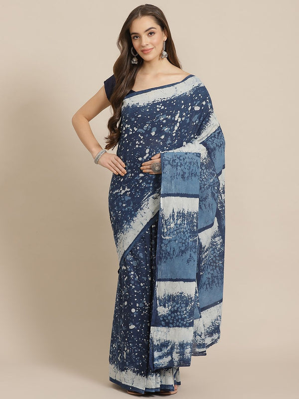 Women's Indigo Cotton Mulmul Bagru Hand Block Saree - Juniper