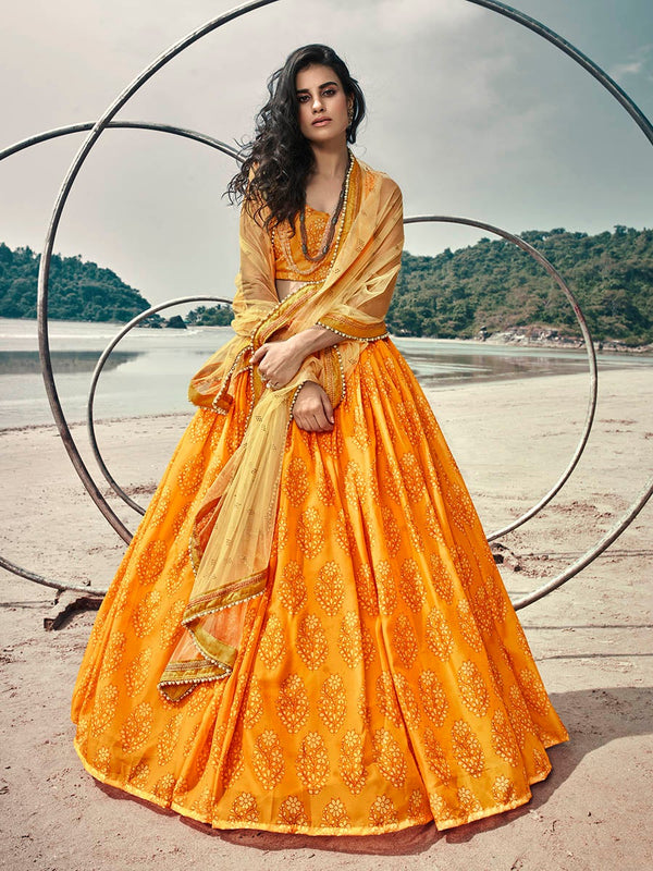 Women's Musturd Yellow Organza Printed Lehenga-Myracouture