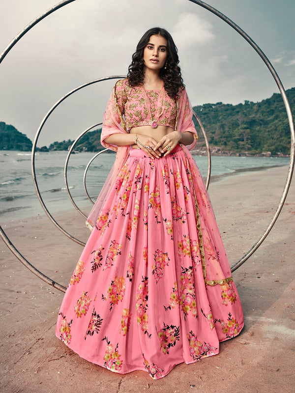 Women's Pink Organza Printed & Embroidered Lehenga-Myracouture