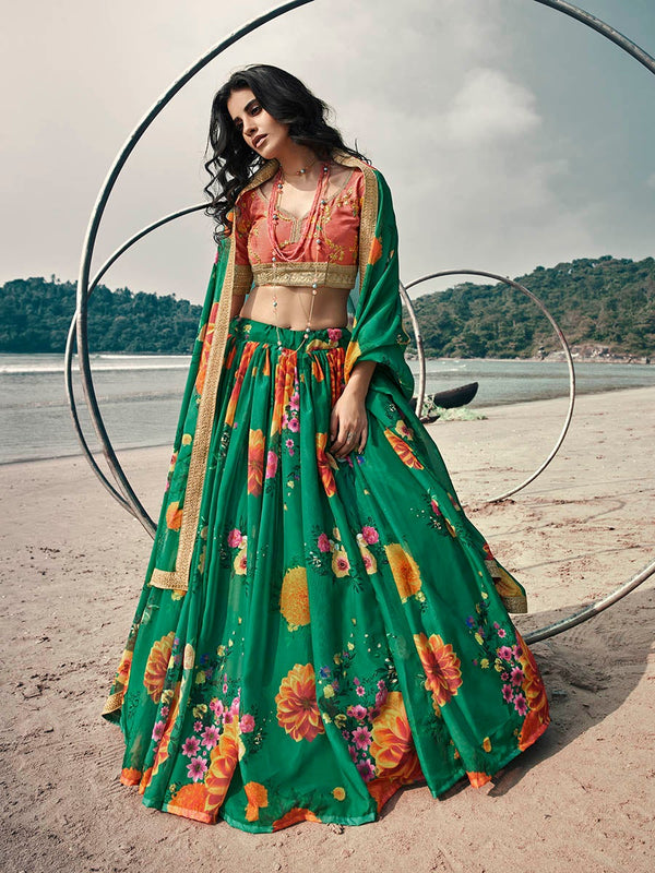 Women's Rama Green Organza Printed & Embroidered Lehenga-Myracouture