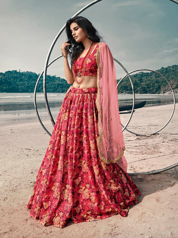 Women's Gajeri Red Organza Printed Lehenga-Myracouture