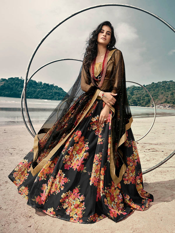 Women's Black Organza Printed Lehenga-Myracouture