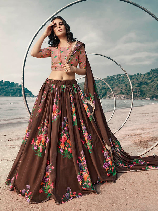 Women's Pink Organza Printed & Embroidered Lehenga-Myracouture