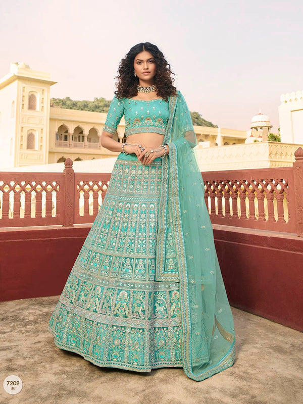 Women's Turquoise Organza Embroidered Lehenga-Myracouture