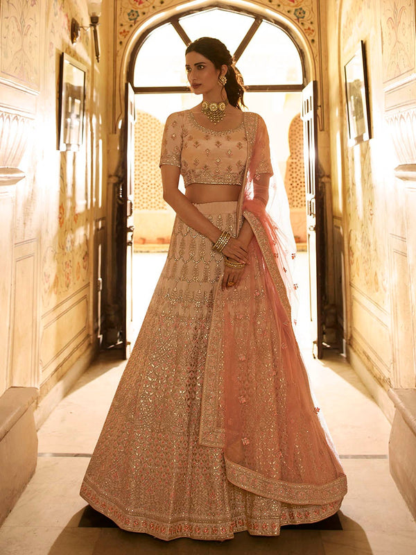 Women's Peach Crepe Embroidered Lehenga-Myracouture