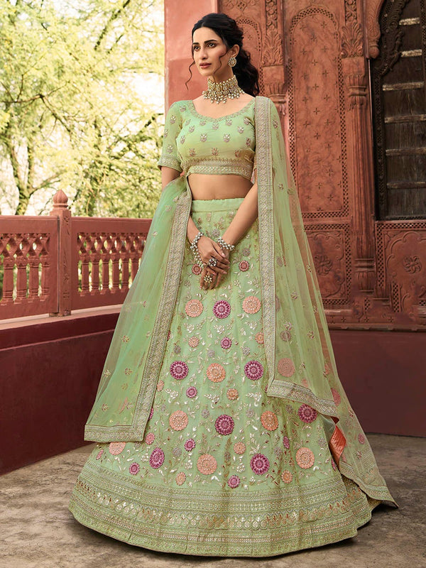 Women's Pista Green Organza Embroidered Lehenga-Myracouture