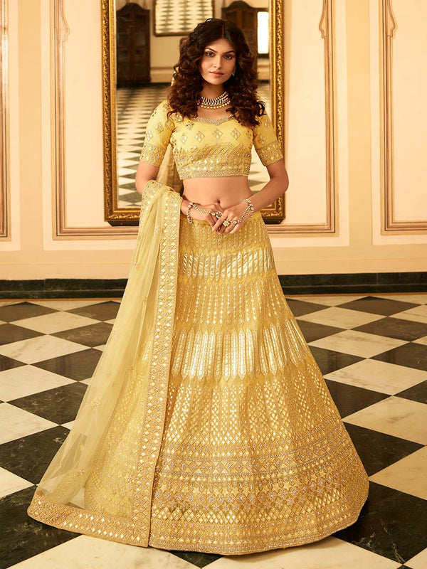 Women's Yellow Organza Embroidered Lehenga-Myracouture