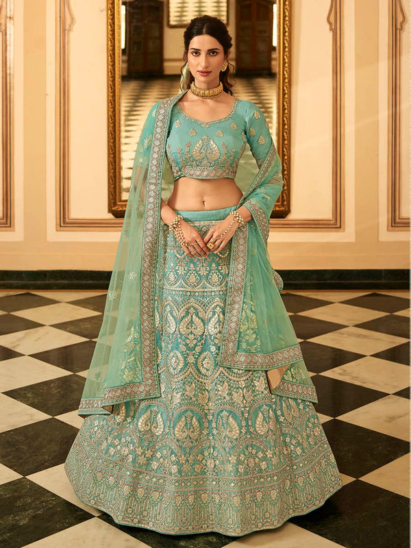 Women's Turquoise Organza Embroidered Lehenga-Myracouture