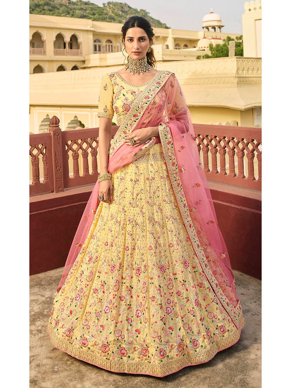 Women's Yellow Organza Embroidered Lehenga-Myracouture