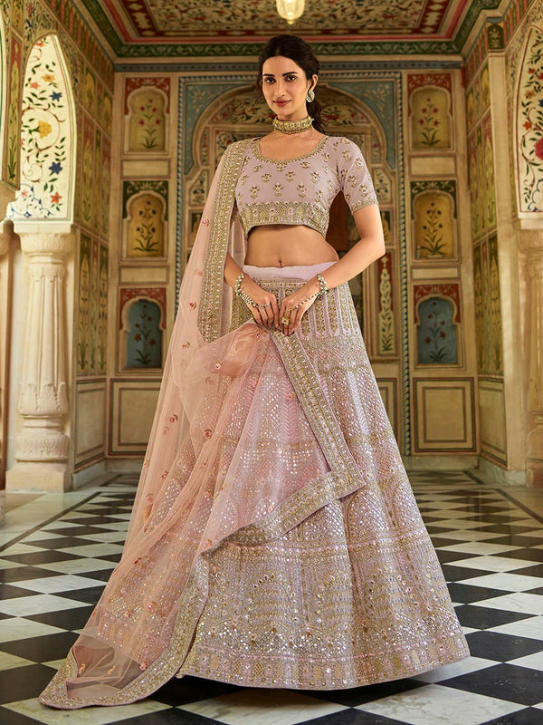 Women's Pink Organza Embroidered Lehenga-Myracouture