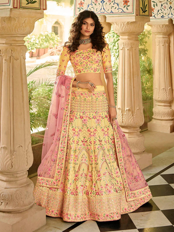 Women's Yellow Art Silk Embroidered Lehenga-Myracouture