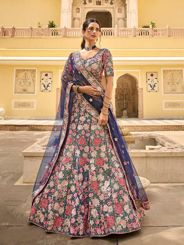 Women's Navy Blue Soft Net Embroidered Lehenga-Myracouture