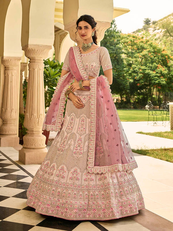 Women's Peach Crepe Embroidered Lehenga-Myracouture