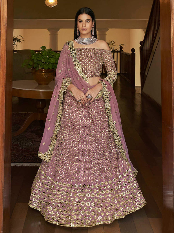 Women's Mauve Georgette Embroidered Lehenga-Myracouture