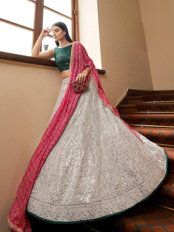 Women's Grey Organza Embroidered Lehenga-Myracouture