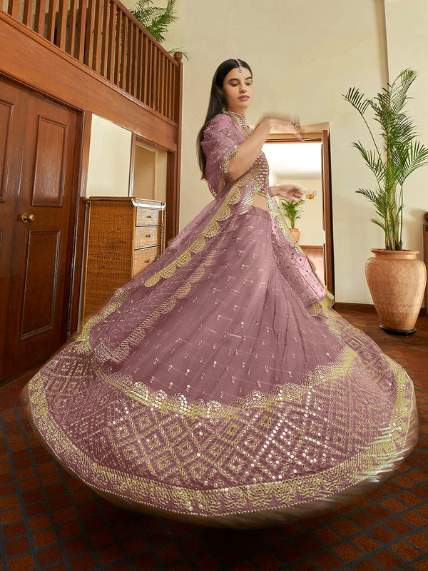 Women's Mauve Georgette Embroidered Lehenga-Myracouture