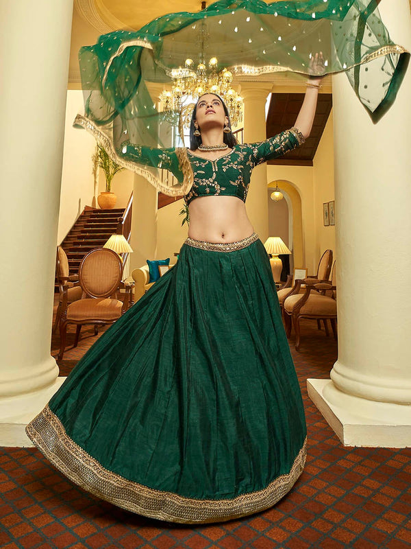 Women's Green Art Silk Embroidered Lehenga-Myracouture