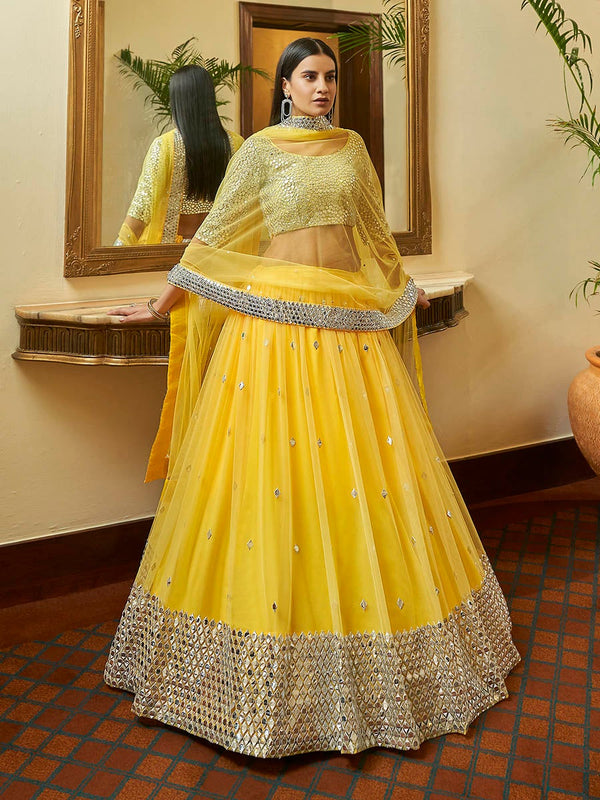 Women's Yellow Soft Net Embroidered Lehenga-Myracouture