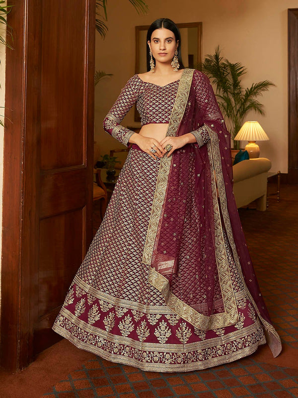 Women's Maroon Crepe Embroidered Lehenga-Myracouture