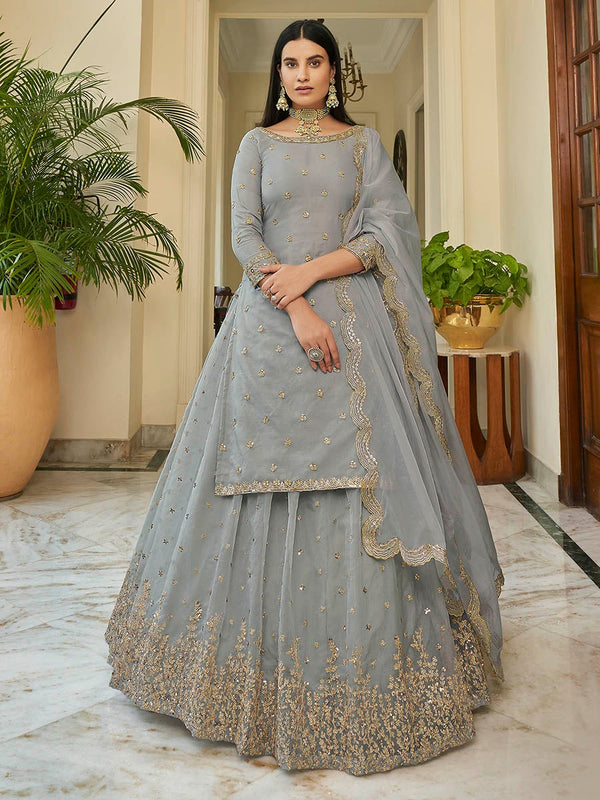 Women's Grey Organza Embroidered Lehenga-Myracouture