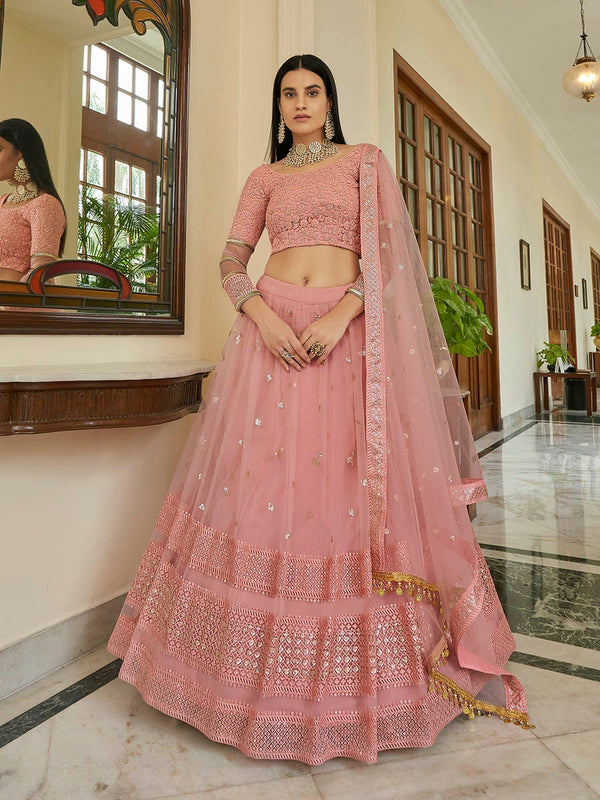 Women's Peach Soft Net Embroidered Lehenga-Myracouture