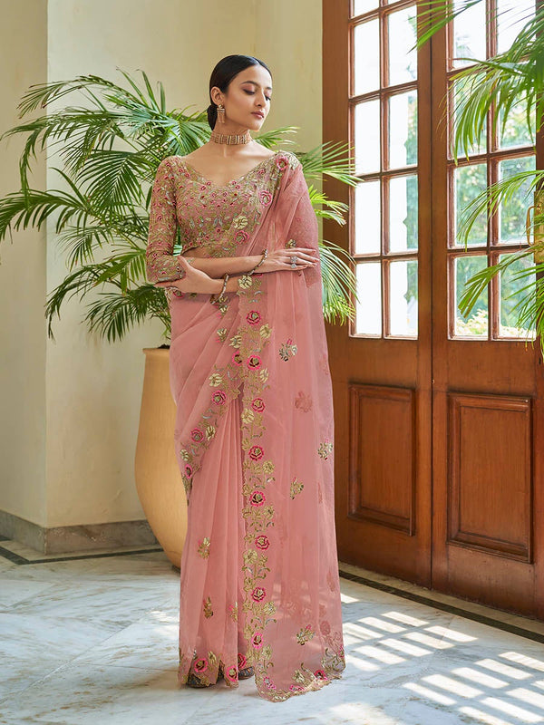 Women's Peach Embroidered Organza Fancy Saree-Myracouture