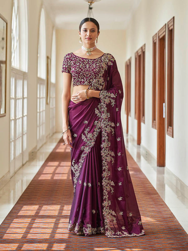 Women's Purple Embroidered Crepe Fancy Saree-Myracouture