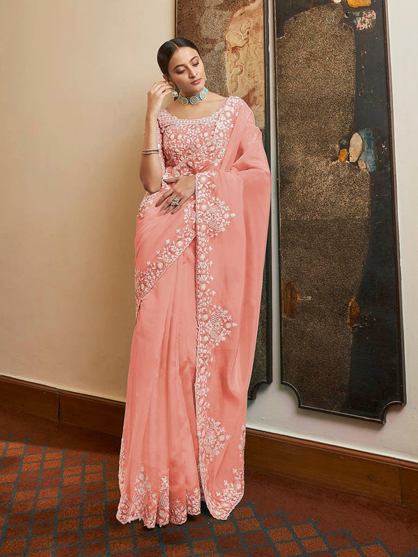 Women's Peach Embroidered Organza Fancy Saree-Myracouture