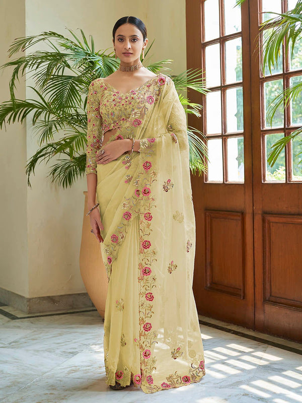 Women's Lime Yellow Embroidered Organza Fancy Saree-Myracouture