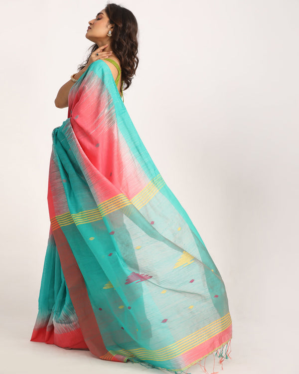 Women's Brink Pink Cotton Blend Handloom Tie Dye Jamdani Saree - Angoshobha