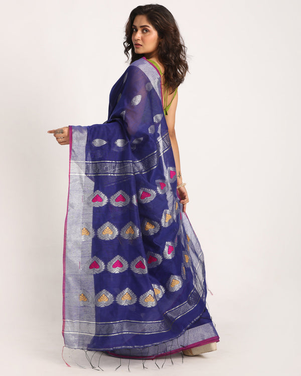 Women's Royal Blue Cotton Blend Handloom Jamdani Saree - Angoshobha