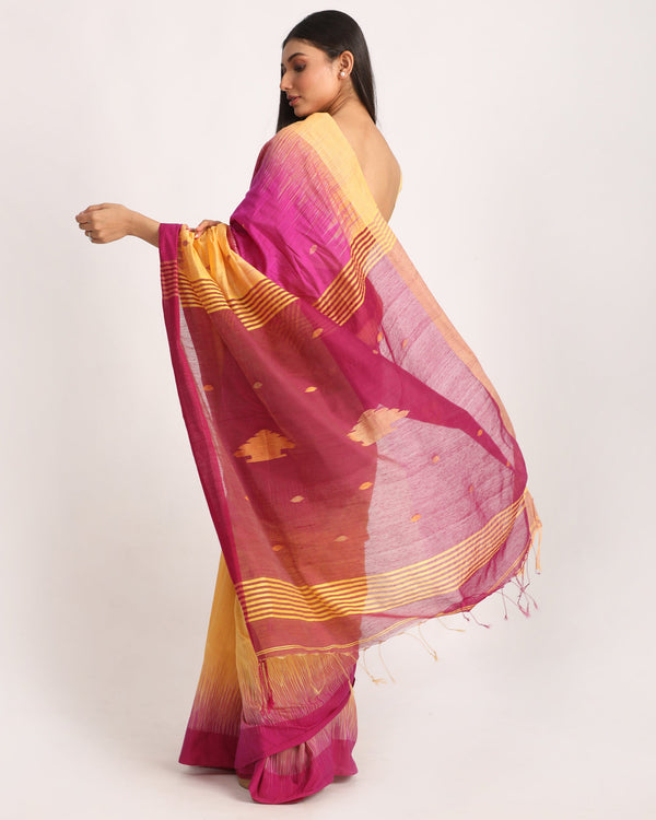 Women's Fuchsia Light Mustard Cotton Blend Handloom Tie Dye Jamdani Saree - Angoshobha