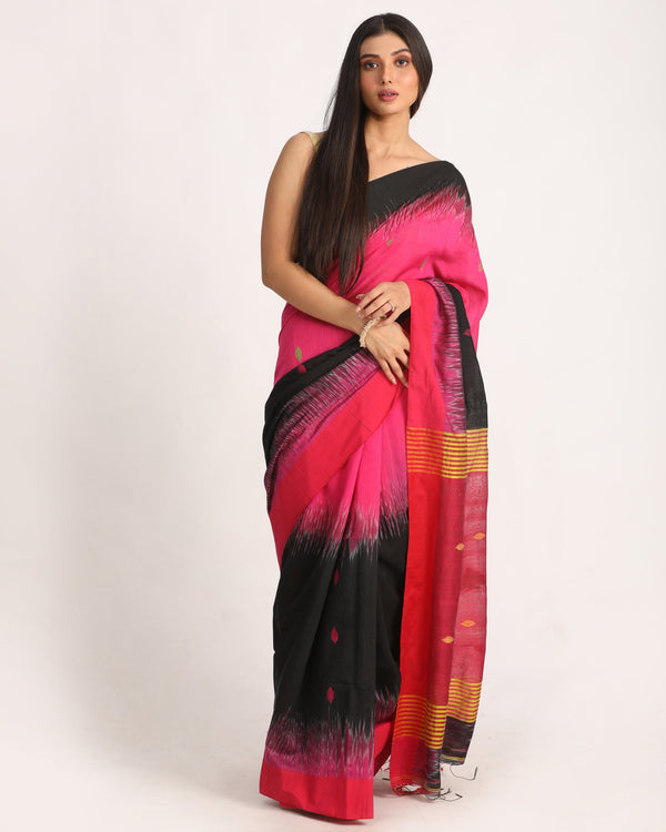 Women's Fuchsia Black Cotton Blend Handloom Tie Dye Jamdani Saree - Angoshobha