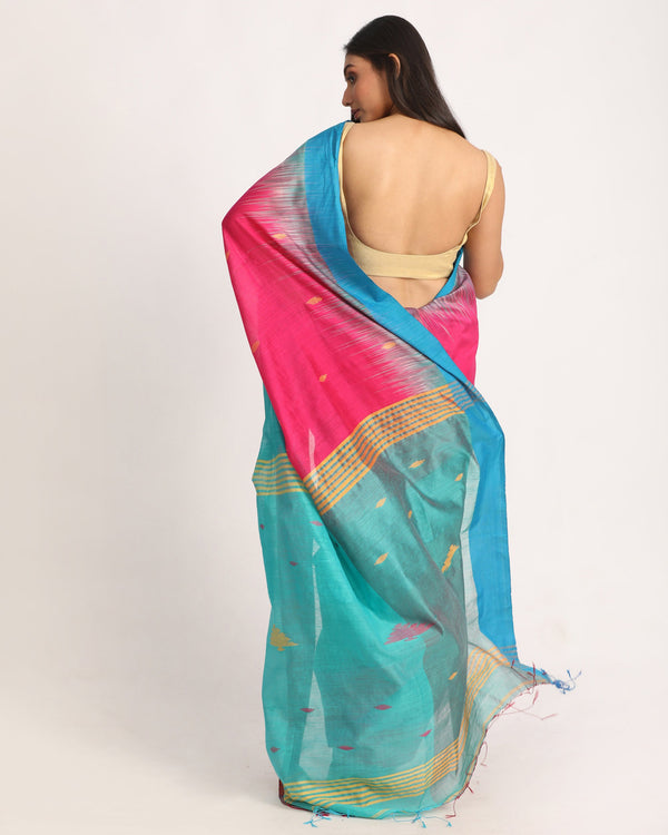 Women's Fuchsia Turquoise Cotton Blend Handloom Tie Dye Jamdani Saree - Angoshobha