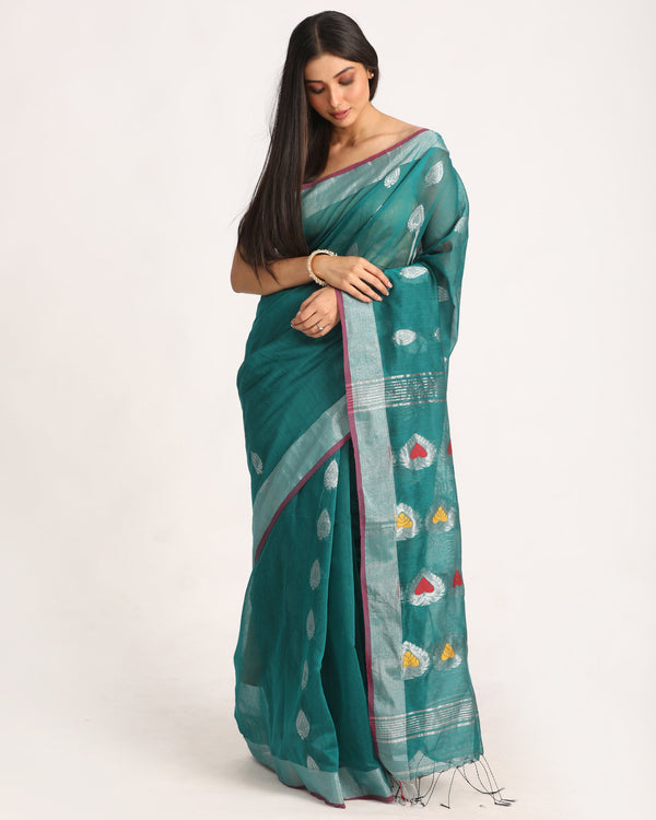 Women's Teal Cotton Blend Handloom Jamdani Saree - Angoshobha