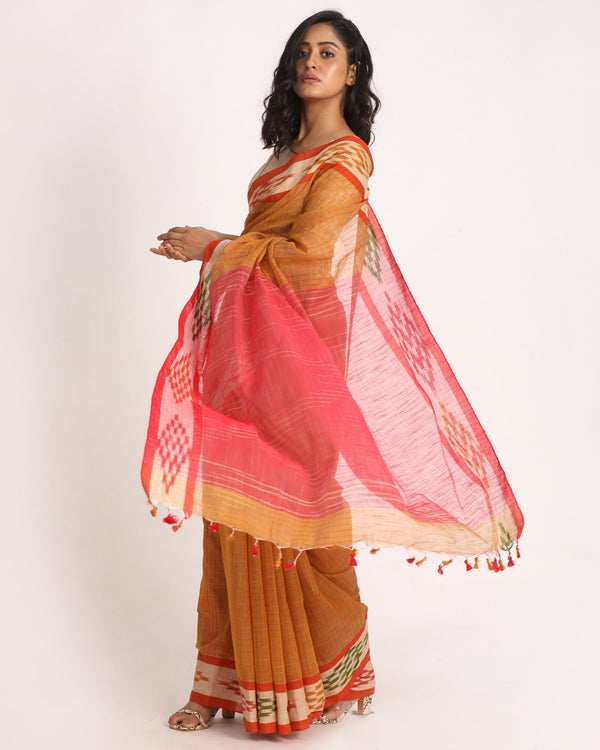 Women's Kotki Border Yellow Orange Cotton Blend Handloom Saree - Angoshobha