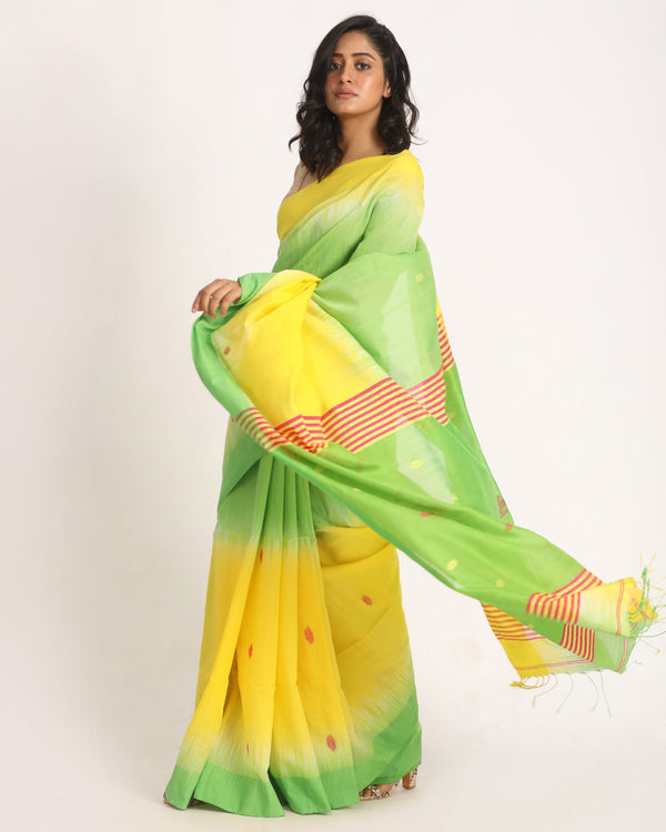 Women's Yellow Green Cotton Blend Handloom Tie Dye Jamdani Saree - Angoshobha