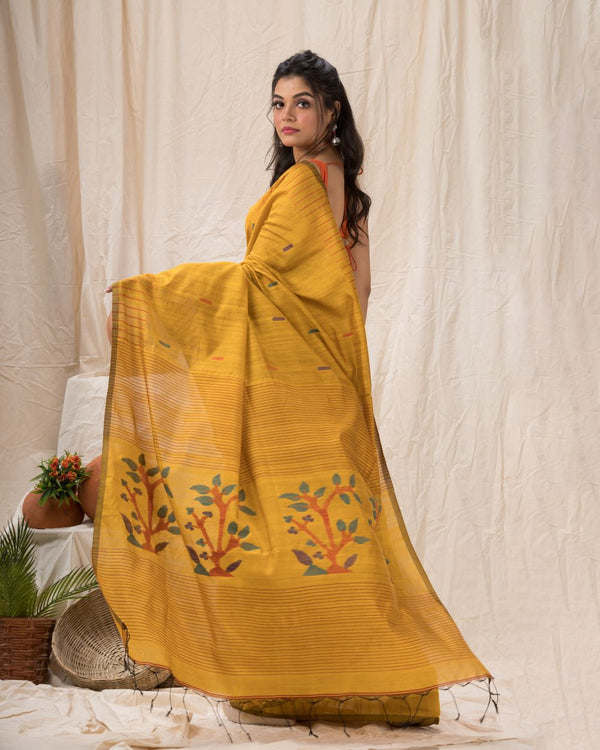 Women's Yellow Cotton Blend Traditional Jamdani Saree - Angoshobha