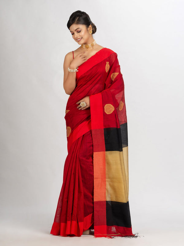 Women's Red Cotton Blend Handloom Jacquard handloom Saree - Angoshobha