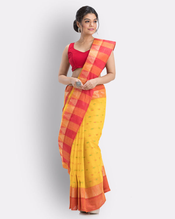 Women's Self Design Tant Pure Cotton Saree (Yellow) - Angoshobha