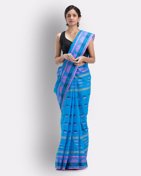 Women's Handwoven, Self Design Tant Pure Cotton Saree (Blue) - Angoshobha