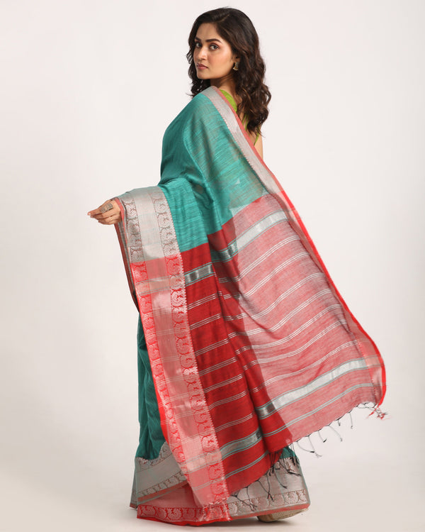 Women's Deep Teal Handloom Cotton Tangail Saree - Angoshobha