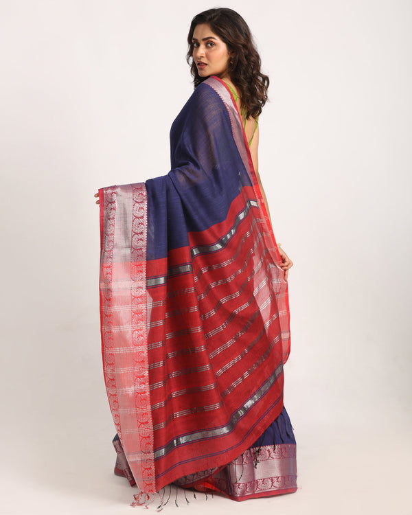 Women's Navy Blue Handloom Cotton Tangail Saree - Angoshobha