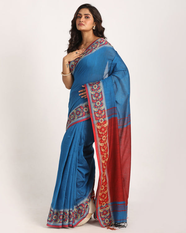 Women's Blue Handloom Cotton Tangail Saree - Angoshobha