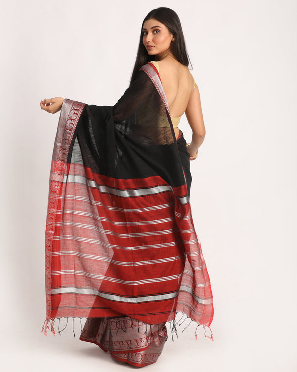 Women's Black Handloom Cotton Tangail Saree - Angoshobha