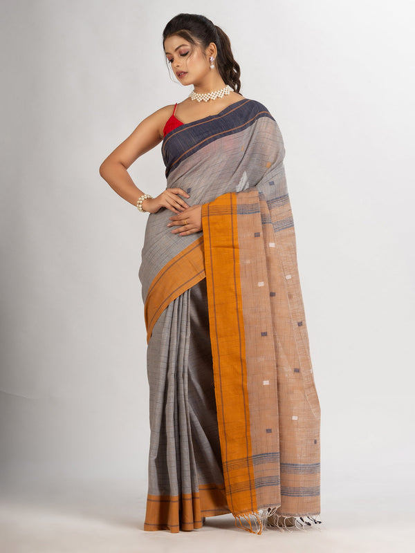 Women's Grey Handwoven Cotton Jamdani handloom Saree - Angoshobha