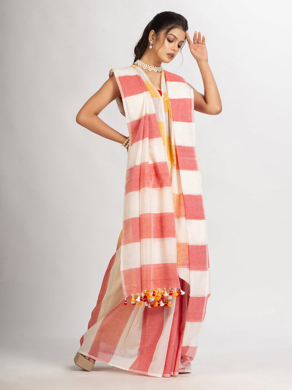 Women's White Yollow and Red Stipe Cotton handloom Saree - Angoshobha