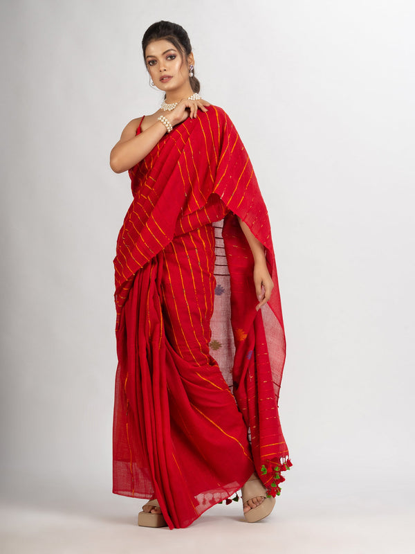 Women's Red Handwoven Cotton Jamdani handloom Saree - Angoshobha