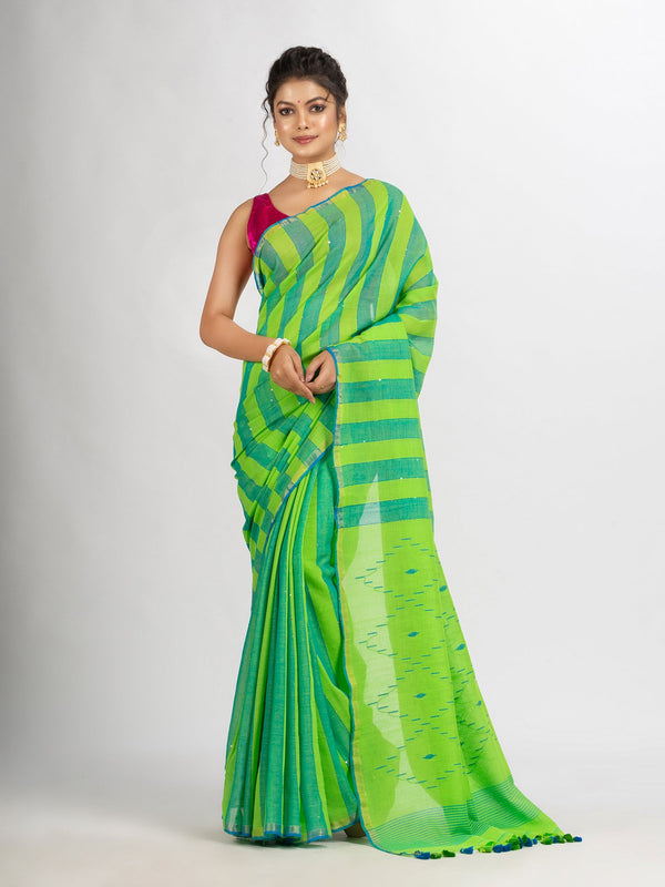 Women's Parrot green And Sky Blue Stipe Handwoven Cotton Jamdani handloom Saree - Angoshobha